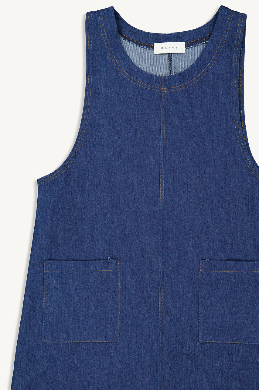 Tomo Denim Apron Dress, Mid Blue