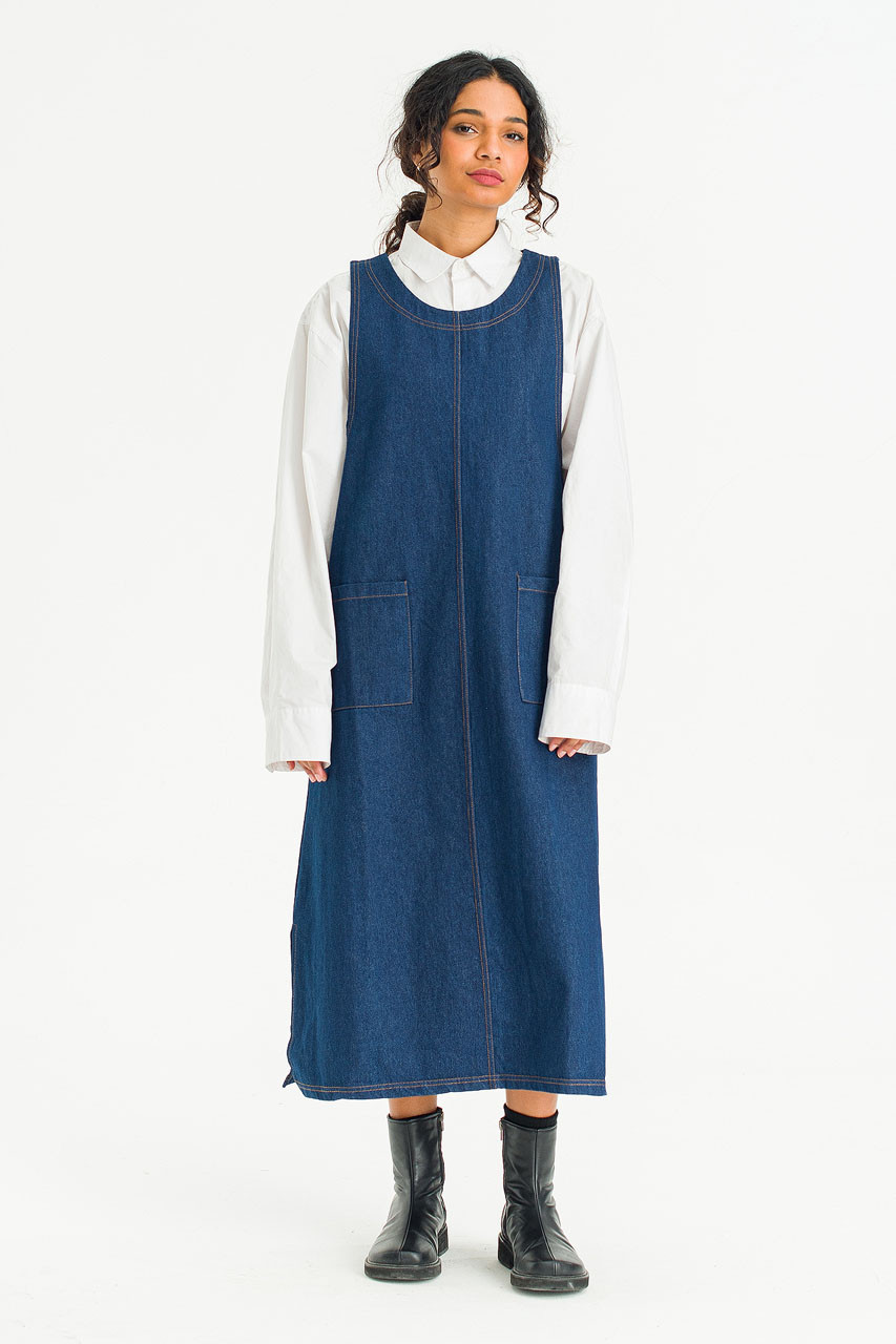 Tomo Denim Apron Dress, Mid Blue