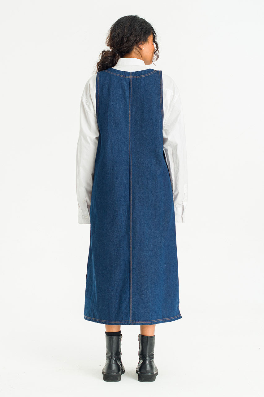 Tomo Denim Apron Dress, Mid Blue