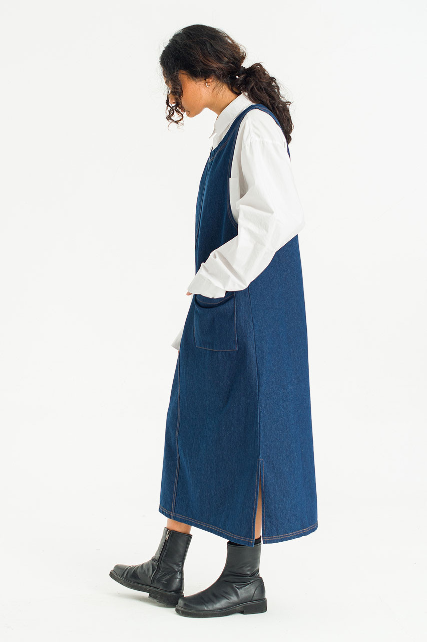 Tomo Denim Apron Dress, Mid Blue