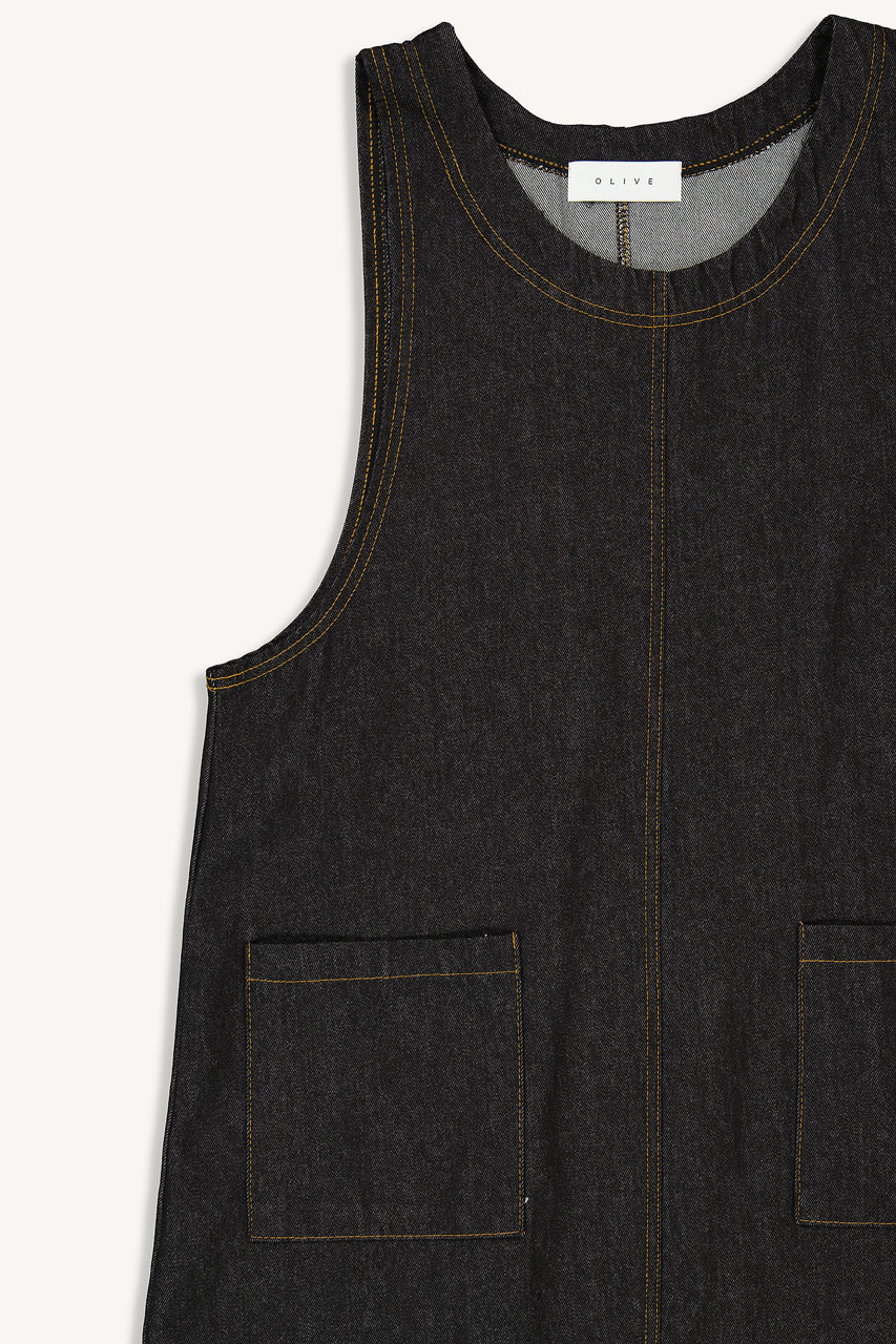 Tomo Denim Apron Dress, Black