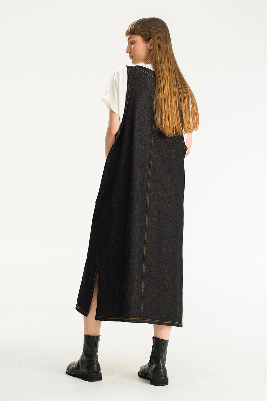 Tomo Denim Apron Dress, Black