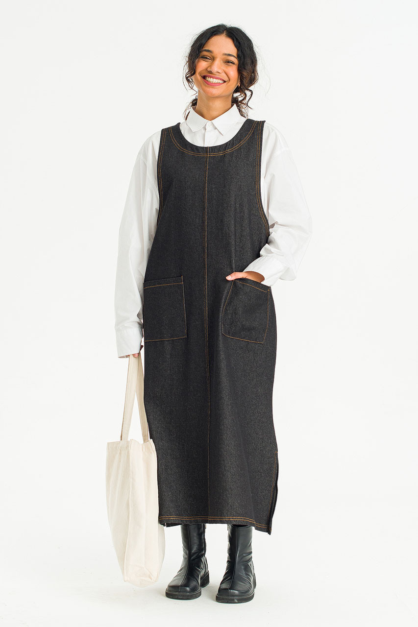 Tomo Denim Apron Dress, Black