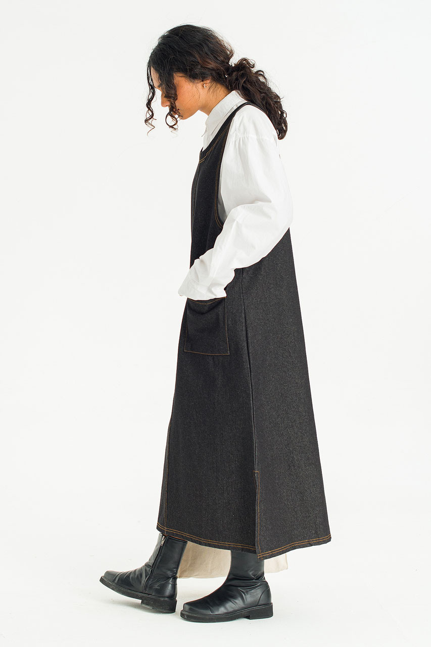 Tomo Denim Apron Dress, Black