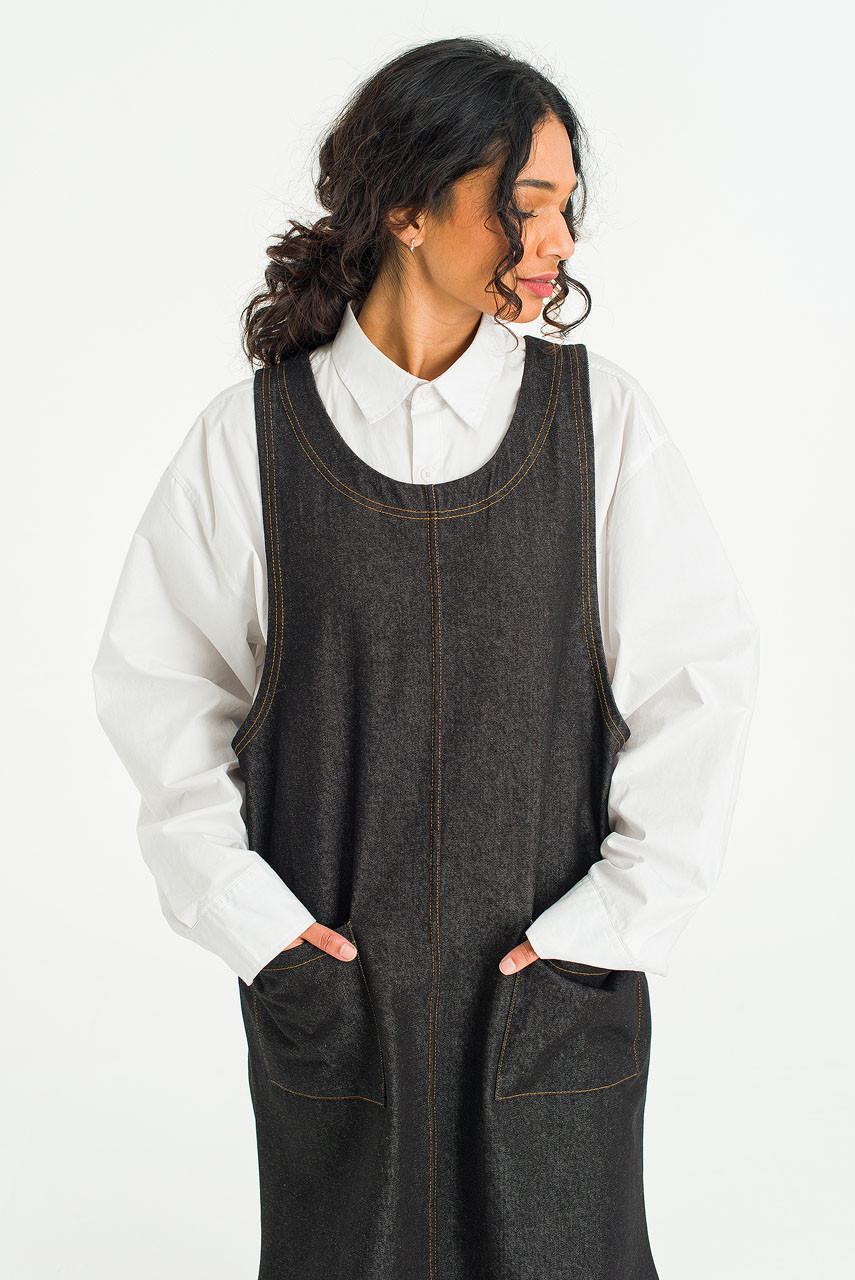 Tomo Denim Apron Dress, Black