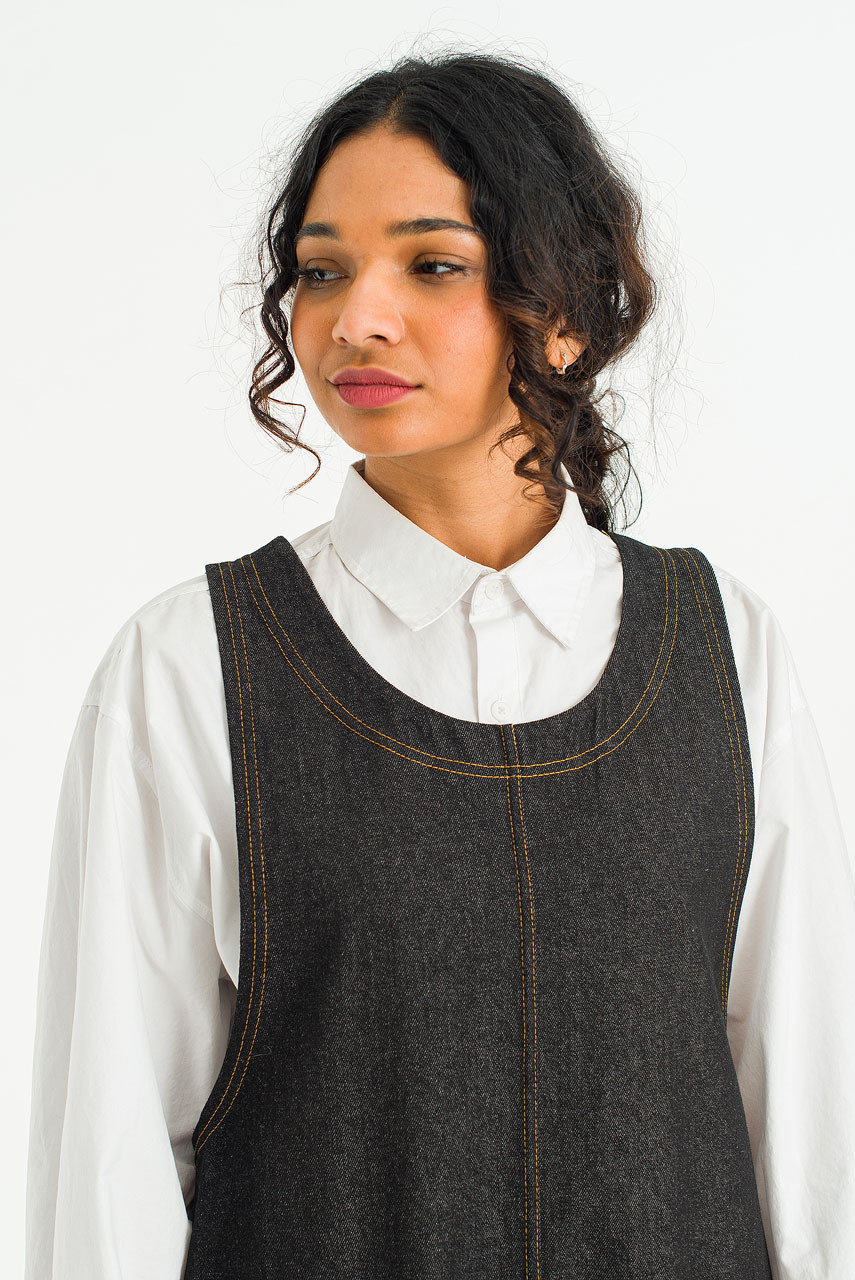 Tomo Denim Apron Dress, Black