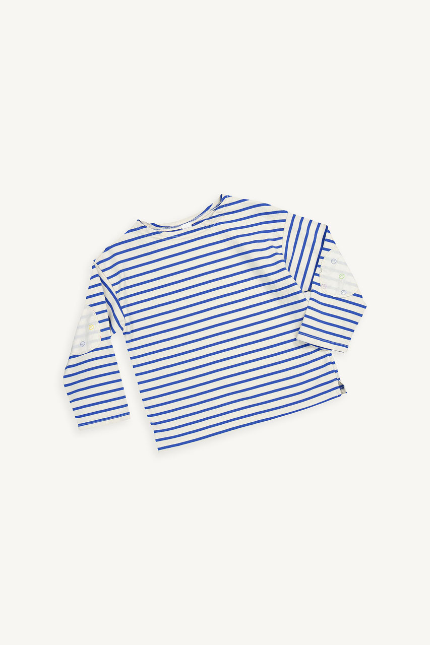 Mini Olive | Smile Patch Stripe Tee, Blue