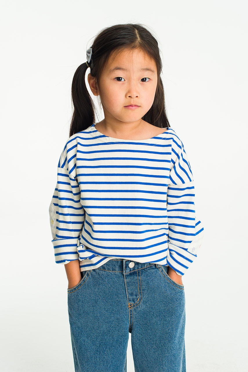Mini Olive | Smile Patch Stripe Tee, Blue