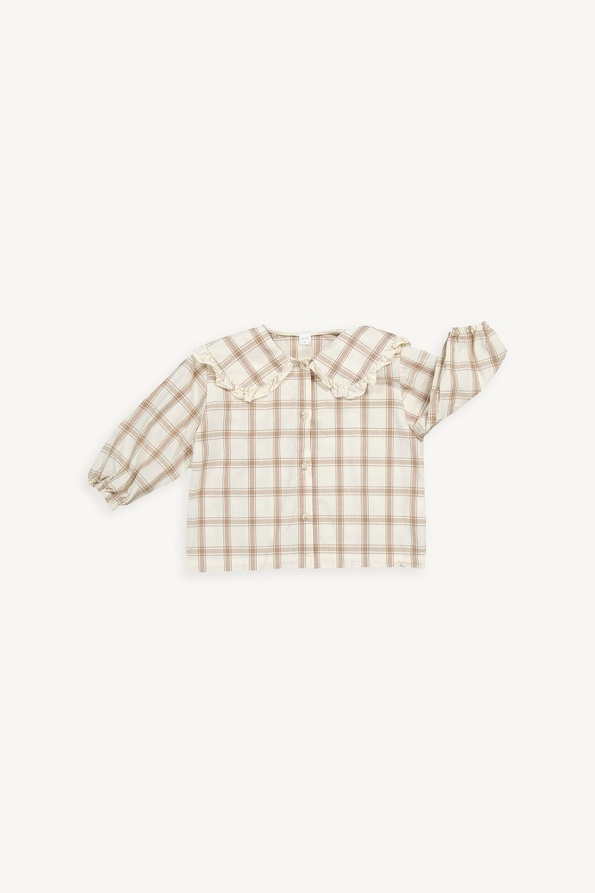 Mini Olive | Large Frill Collar Blouse, Beige Check