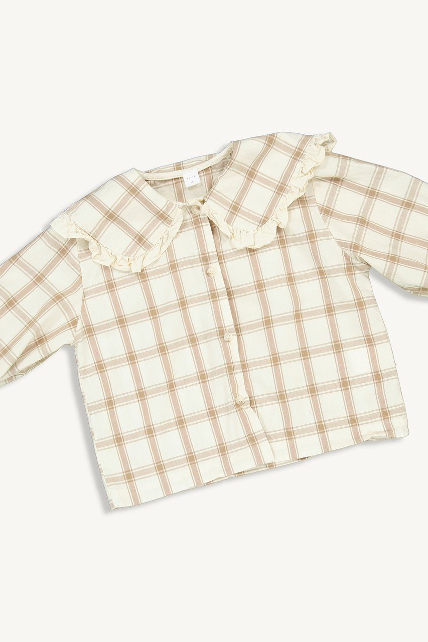 Mini Olive | Large Frill Collar Blouse, Beige Check