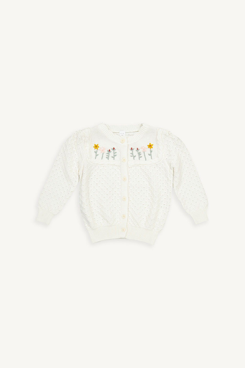 Mini Olive | Flower Embroidered Cardigan, Ivory