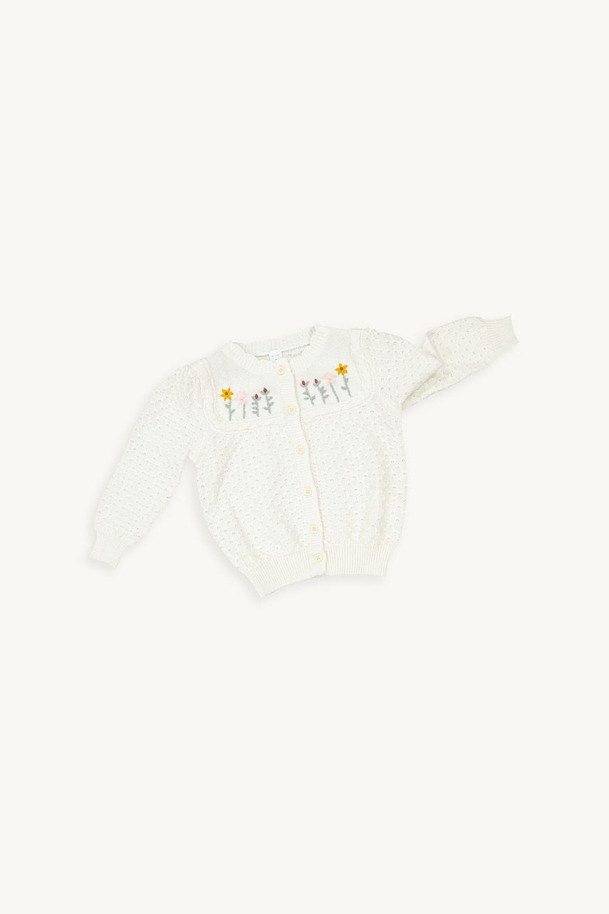 Mini Olive | Flower Embroidered Cardigan, Ivory