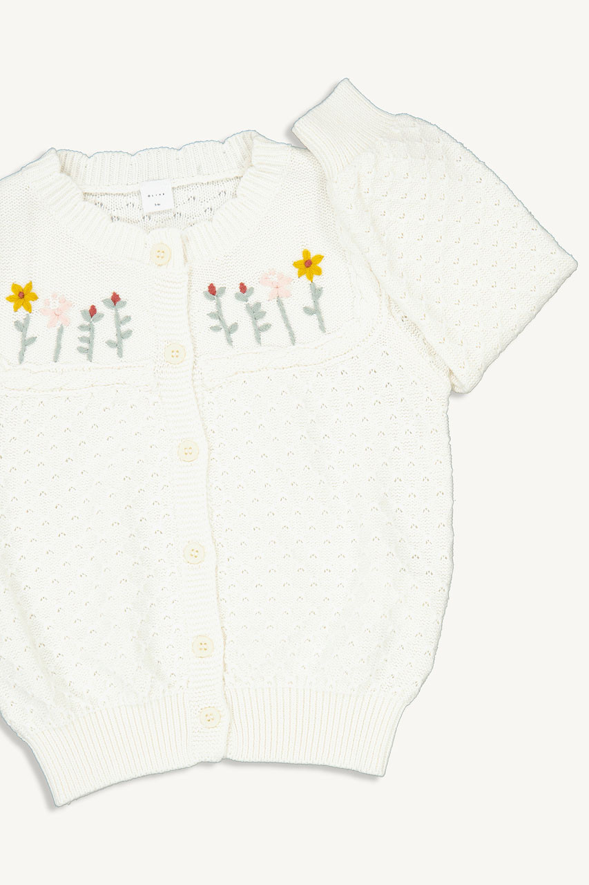Mini Olive | Flower Embroidered Cardigan, Ivory