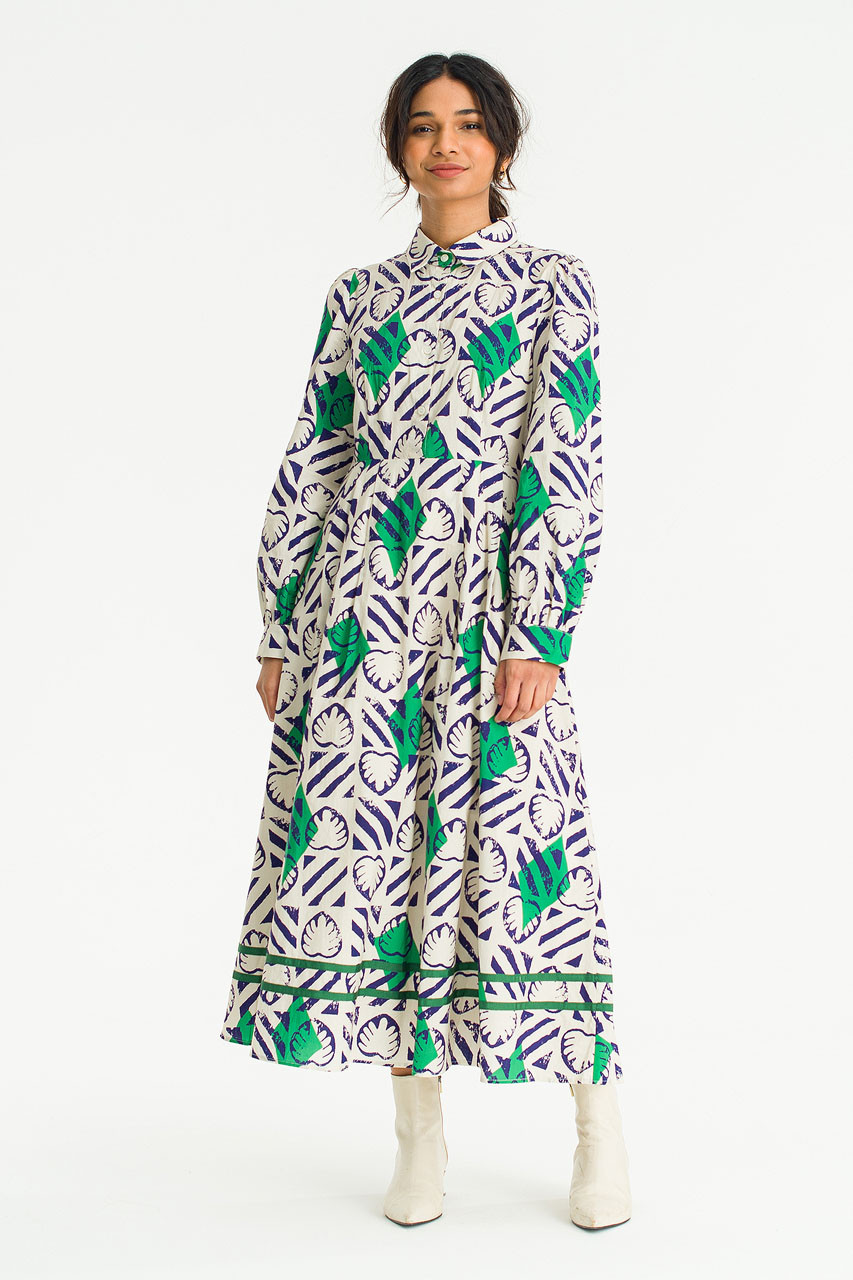 Monstera print dress, Cobalt