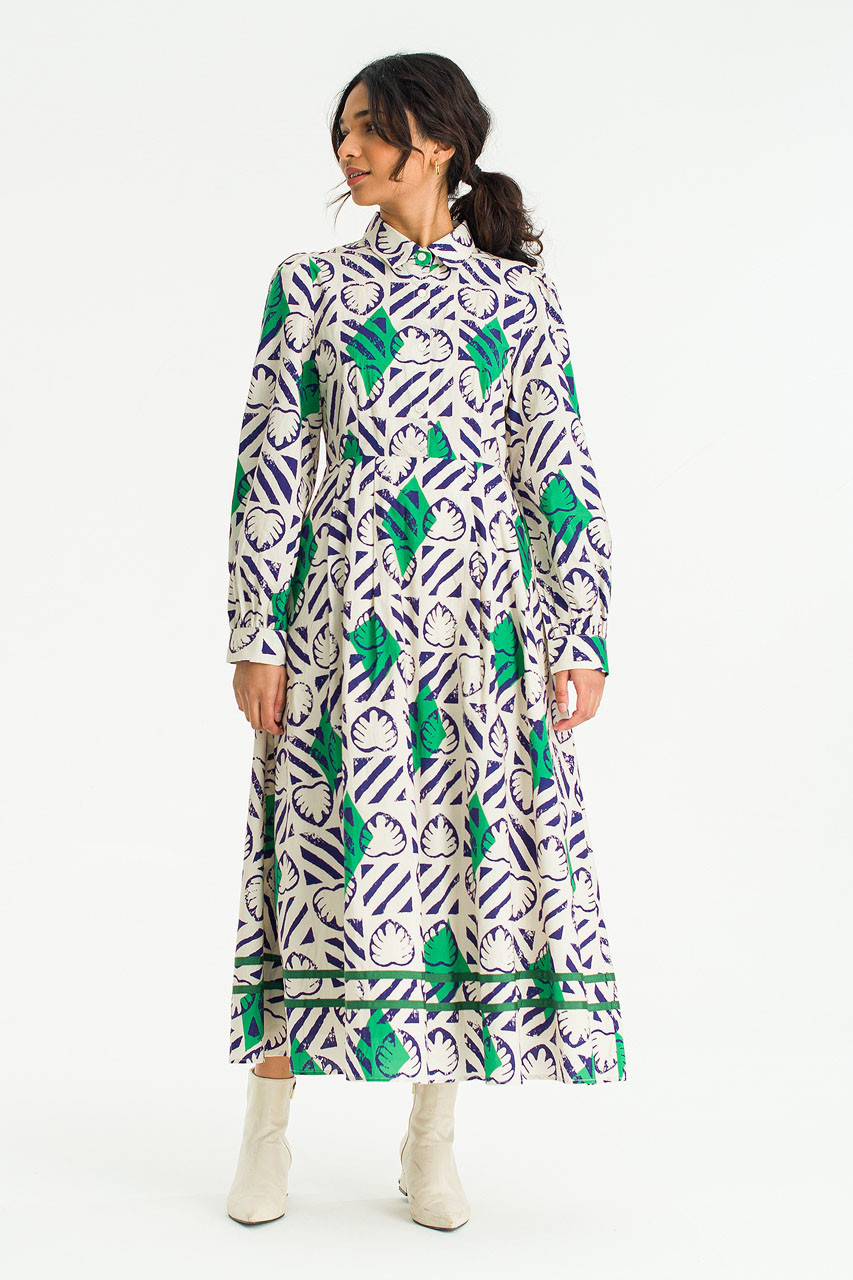 Monstera print dress, Cobalt