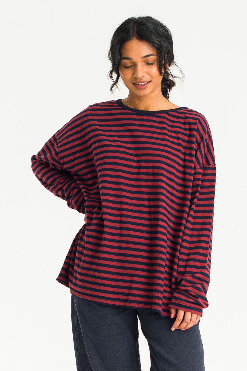 Aya Loose Stripe Tee, Burgundy