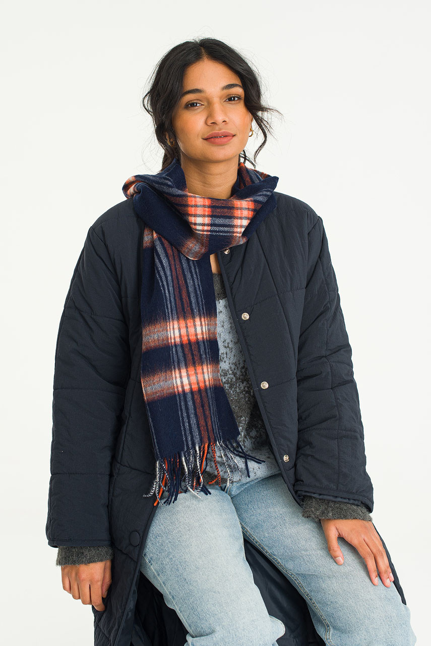 Momo Check Wool Scarf, Navy