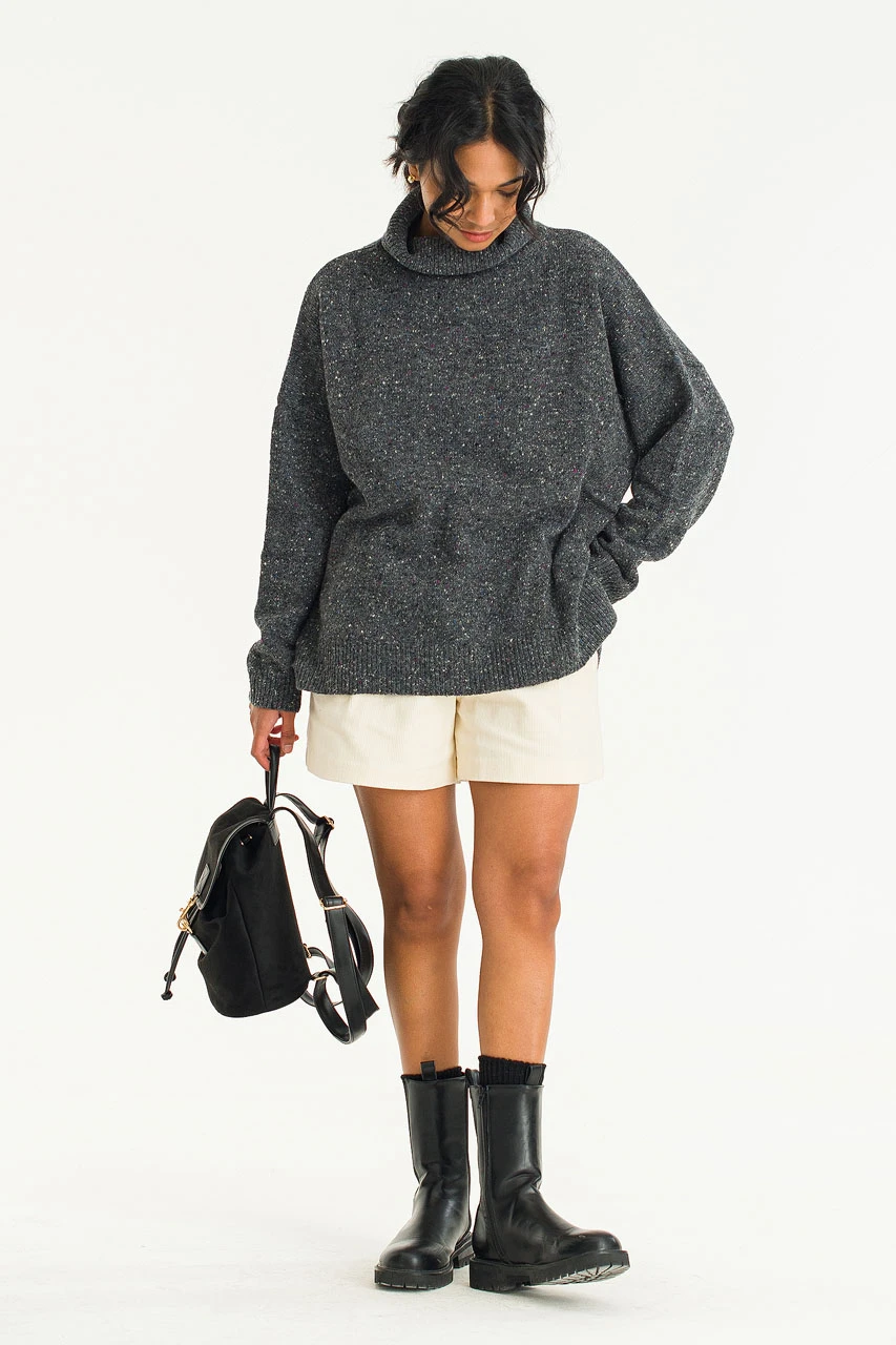 Oversize Boucle Roll Neck Jumper, Charcoal
