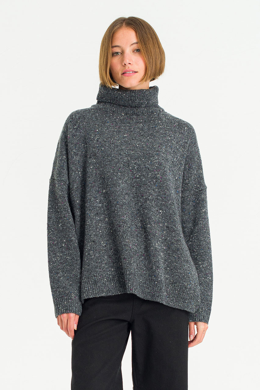 Oversize Boucle Roll Neck Jumper, Charcoal