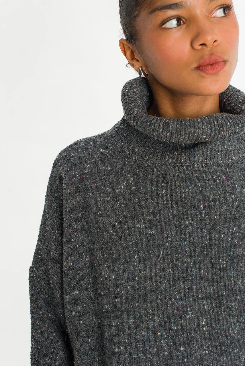 Oversize Boucle Roll Neck Jumper, Charcoal
