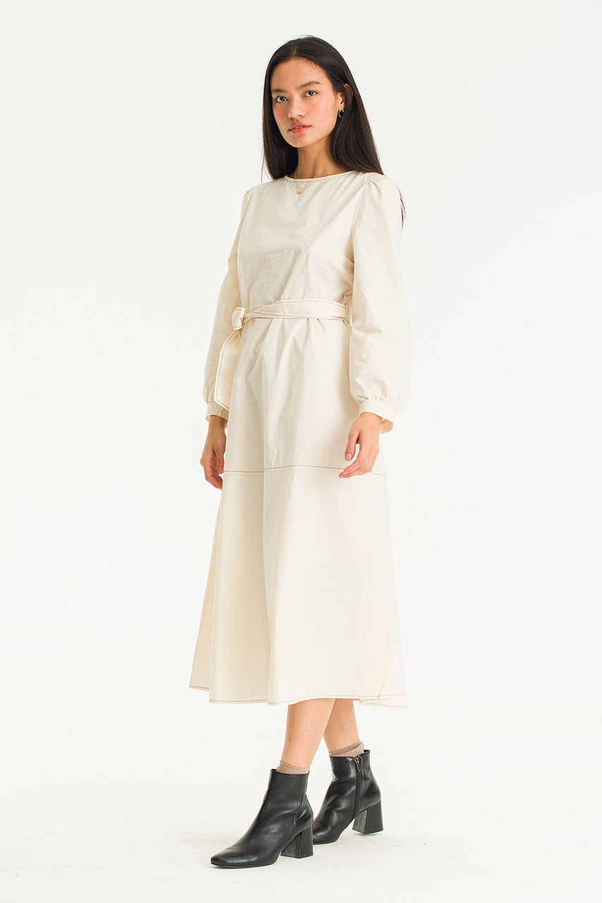 Contrast Seam Mid Length Dress, Ivory