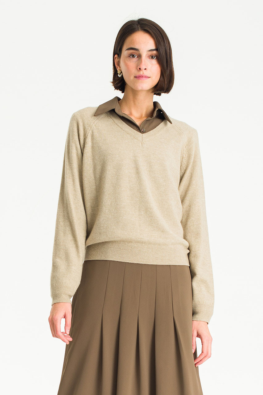 Chiyo Wool Blend V Neck Jumper, Beige