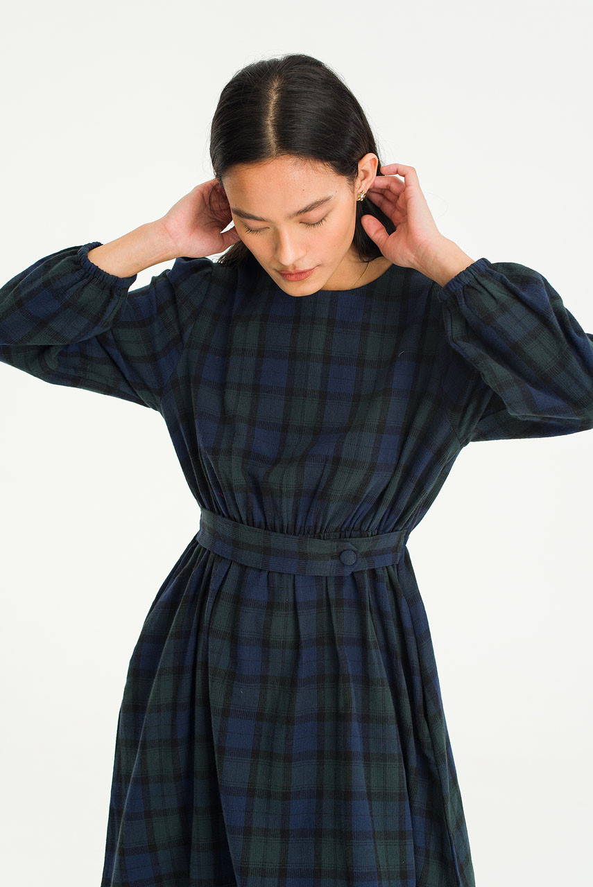 Nia Button Waist Check Dress, Green