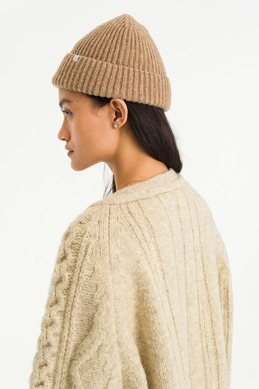 Himari Ribbed Wool Beanie, Beige Melange