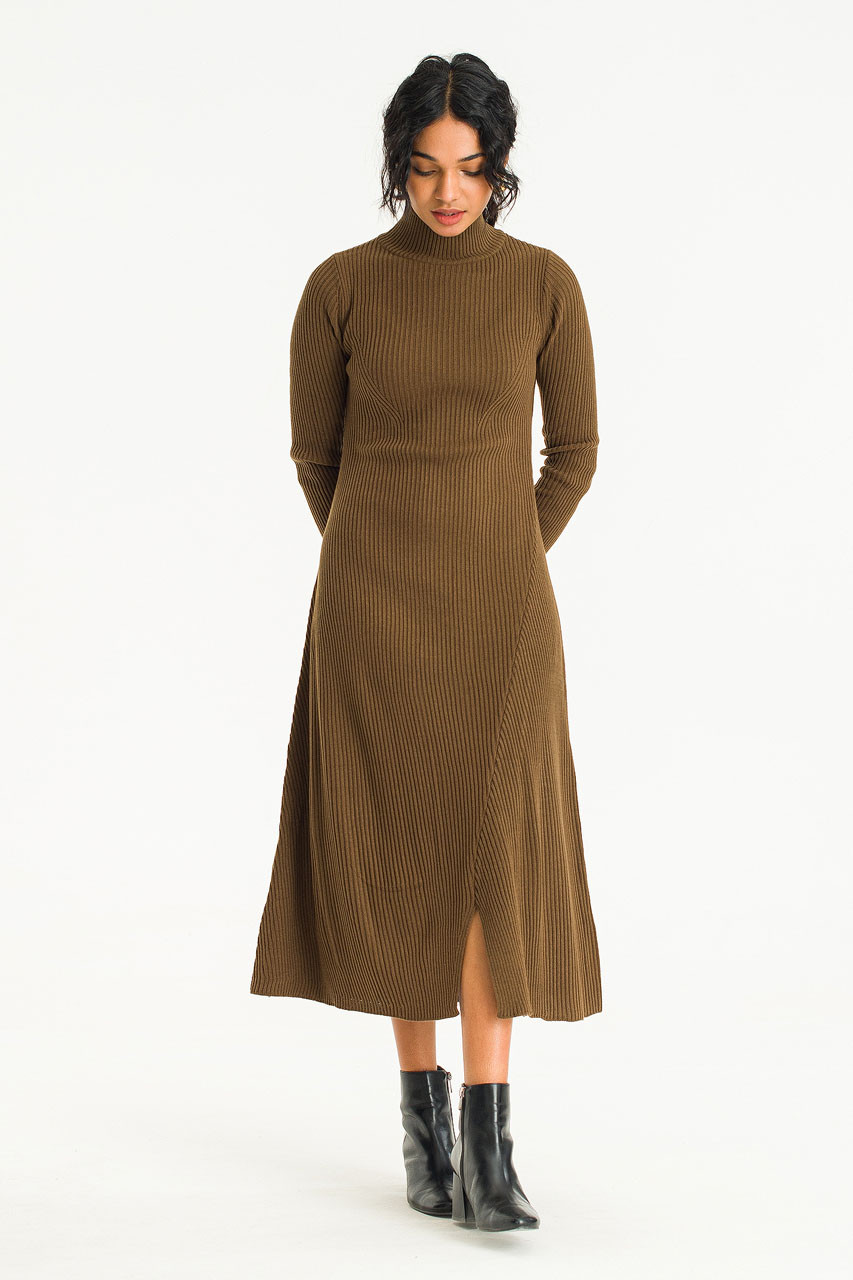Collette Mock Neck Ribbed Dress, Brown