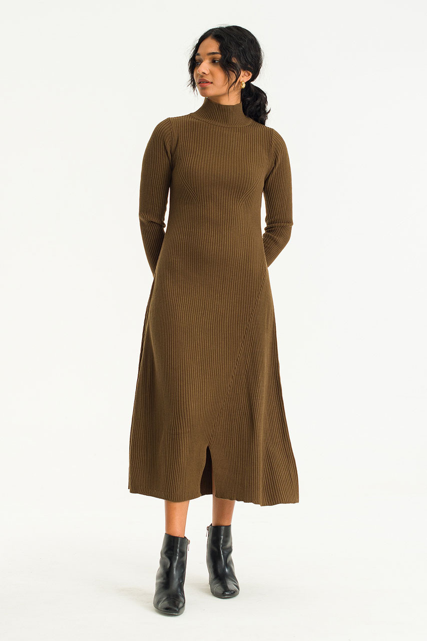Collette Mock Neck Ribbed Dress, Brown