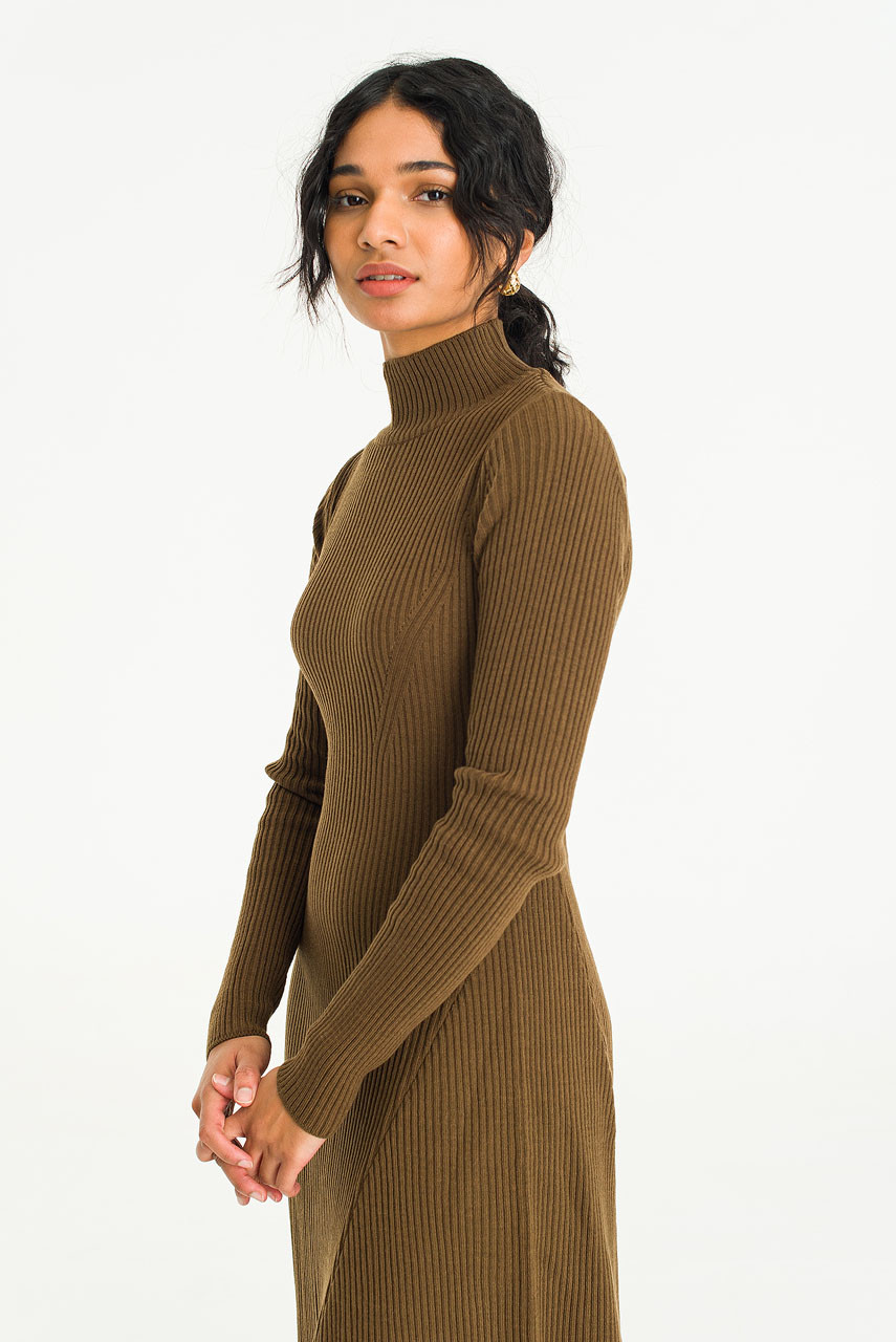 Collette Mock Neck Ribbed Dress, Brown