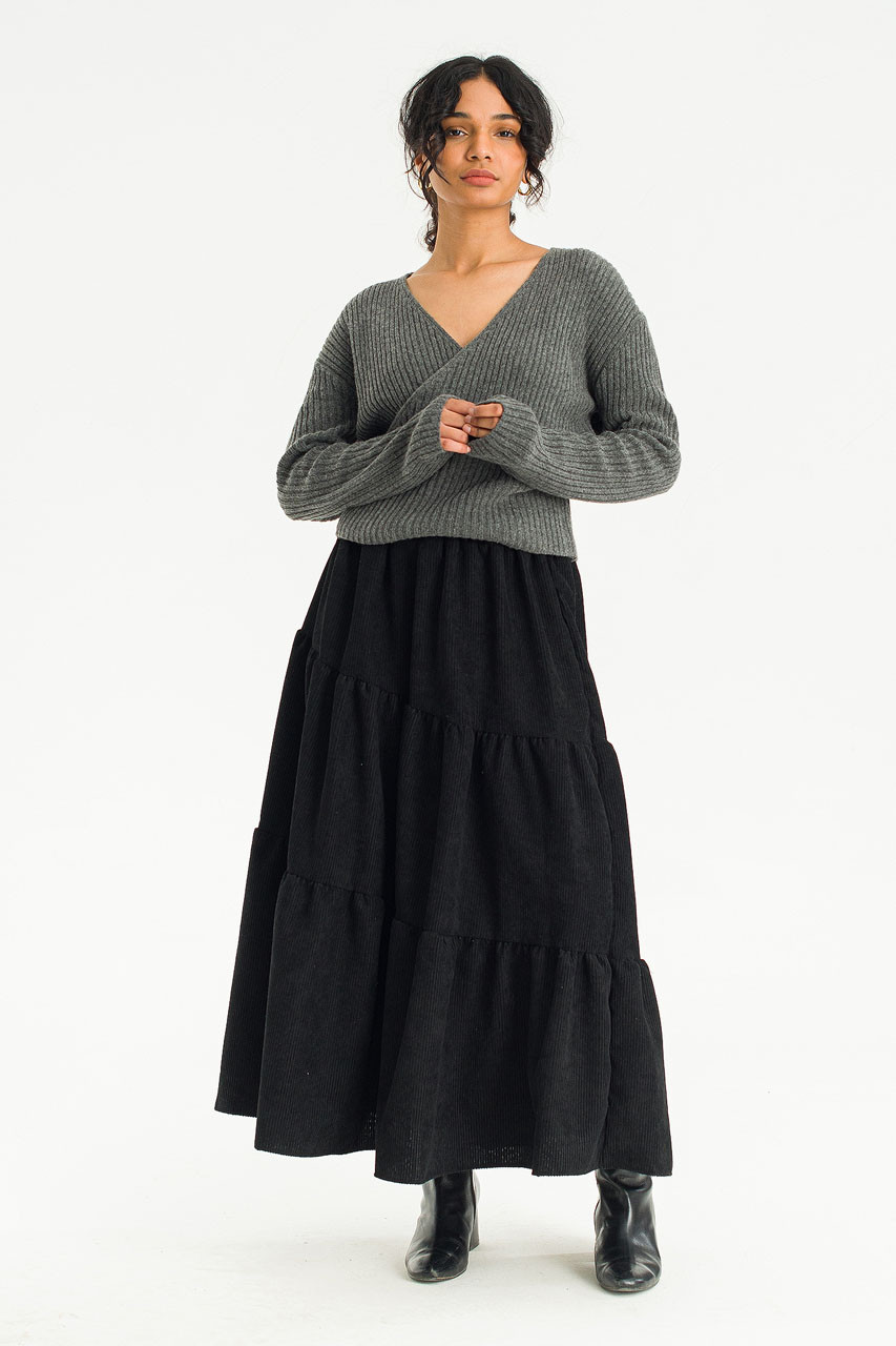 Nia Tiered Cord Skirt, Black