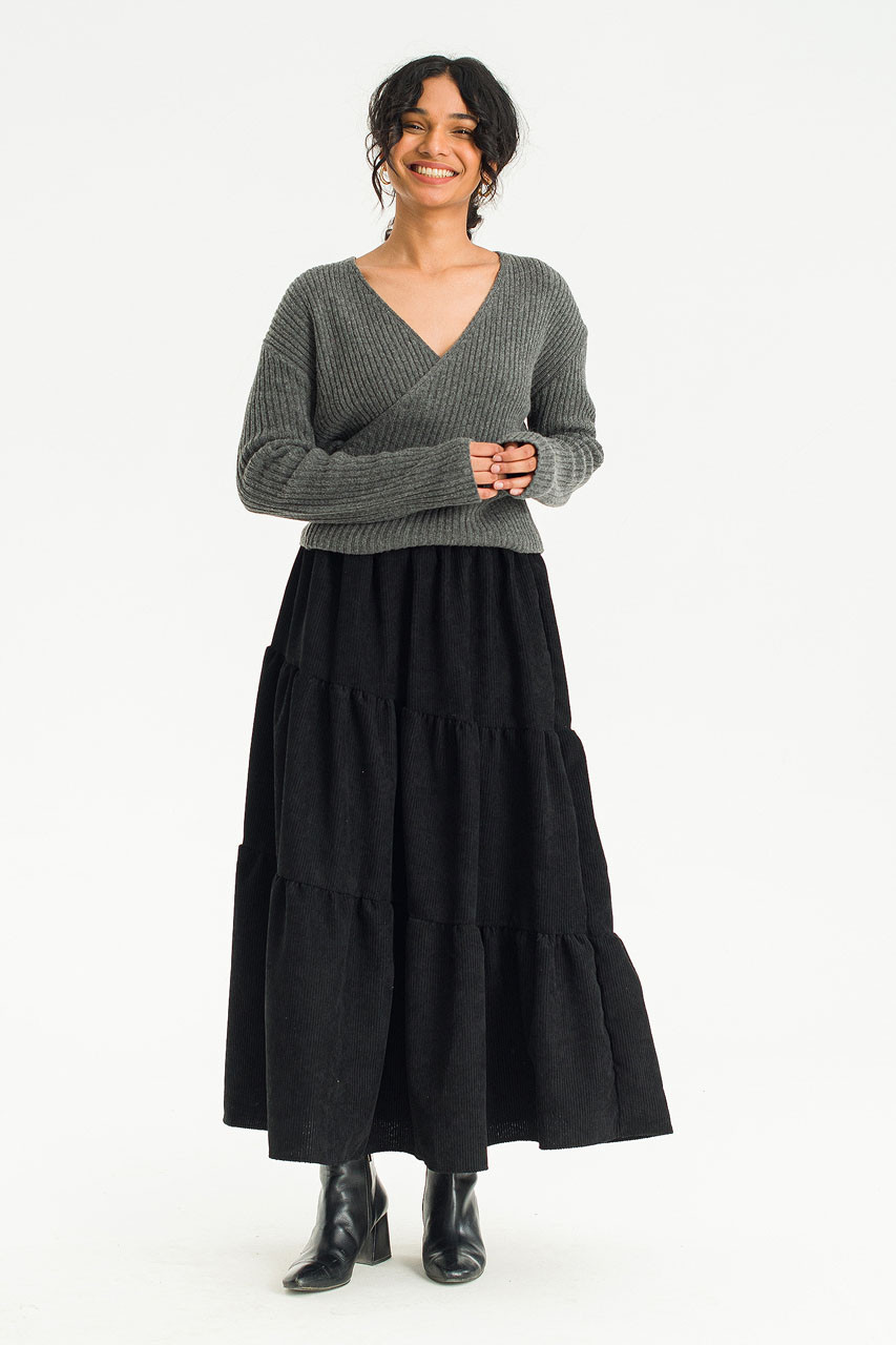 Nia Tiered Cord Skirt, Black