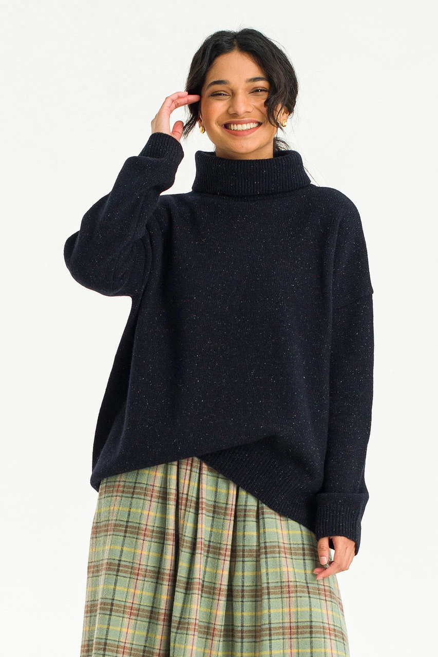 Oversize Boucle Roll Neck Jumper, Midnight Navy