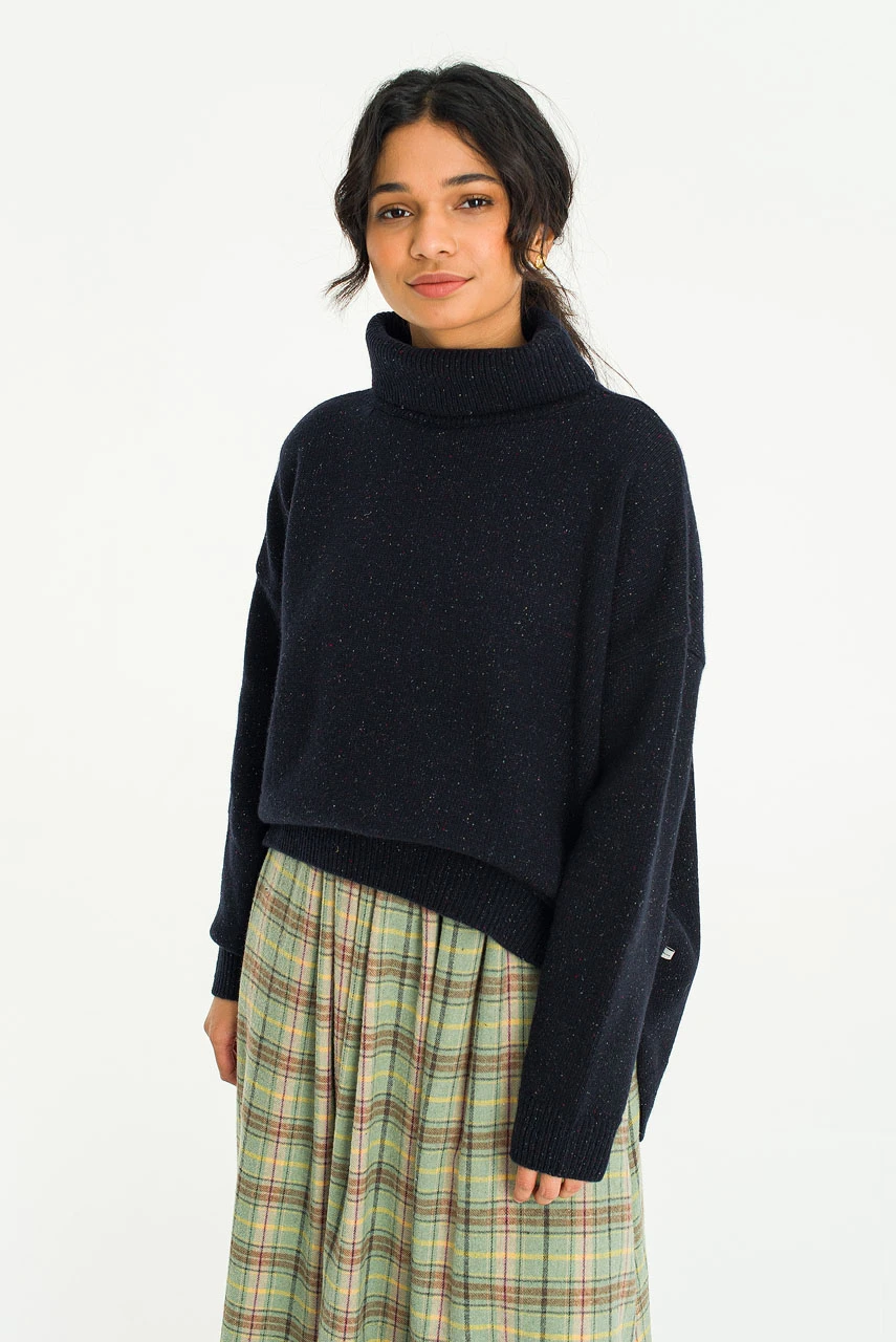Oversize Boucle Roll Neck Jumper, Midnight Navy