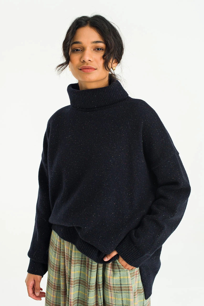 Oversize Boucle Roll Neck Jumper, Midnight Navy