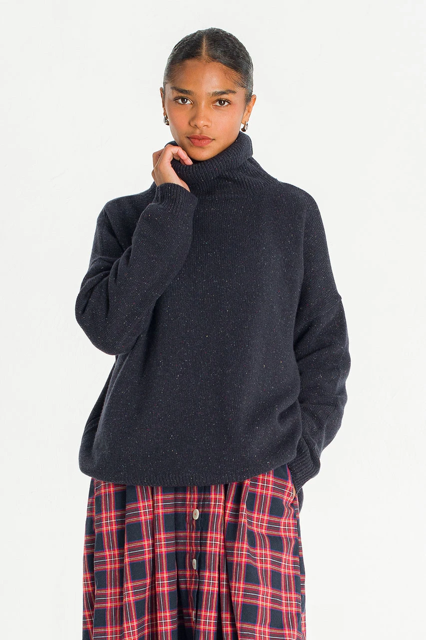 Oversize Boucle Roll Neck Jumper, Midnight Navy