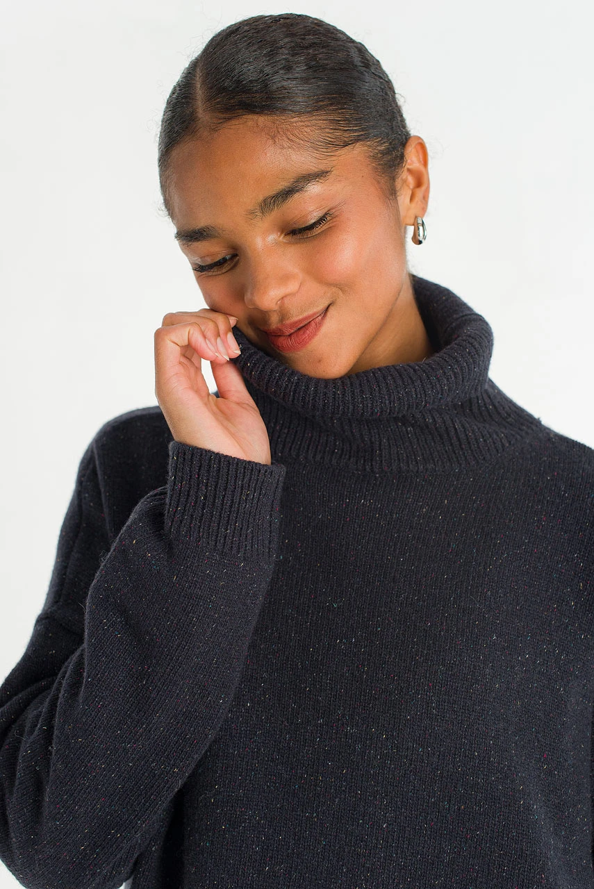 Oversize Boucle Roll Neck Jumper, Midnight Navy