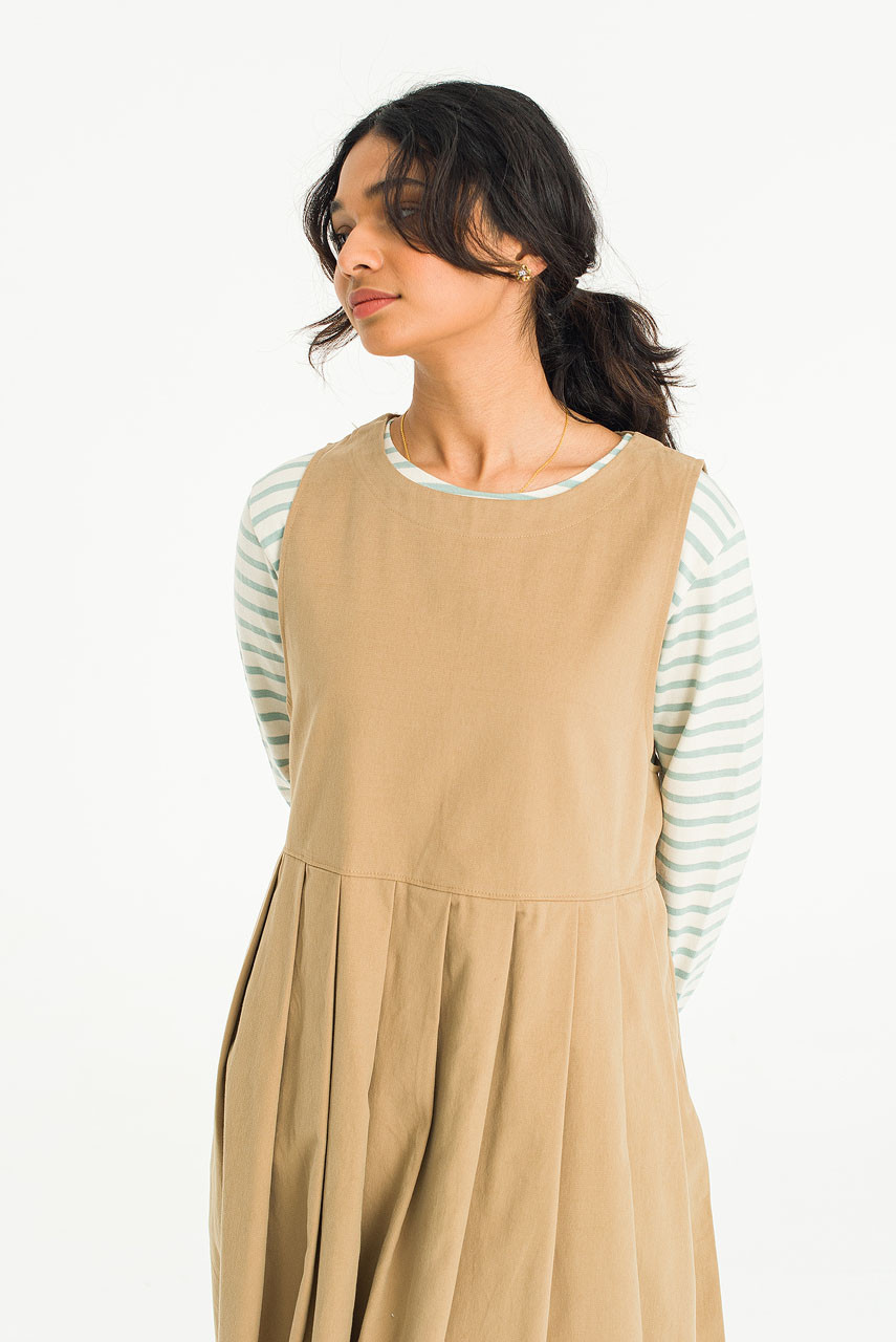 Laura Pleated Apron Dress, Beige