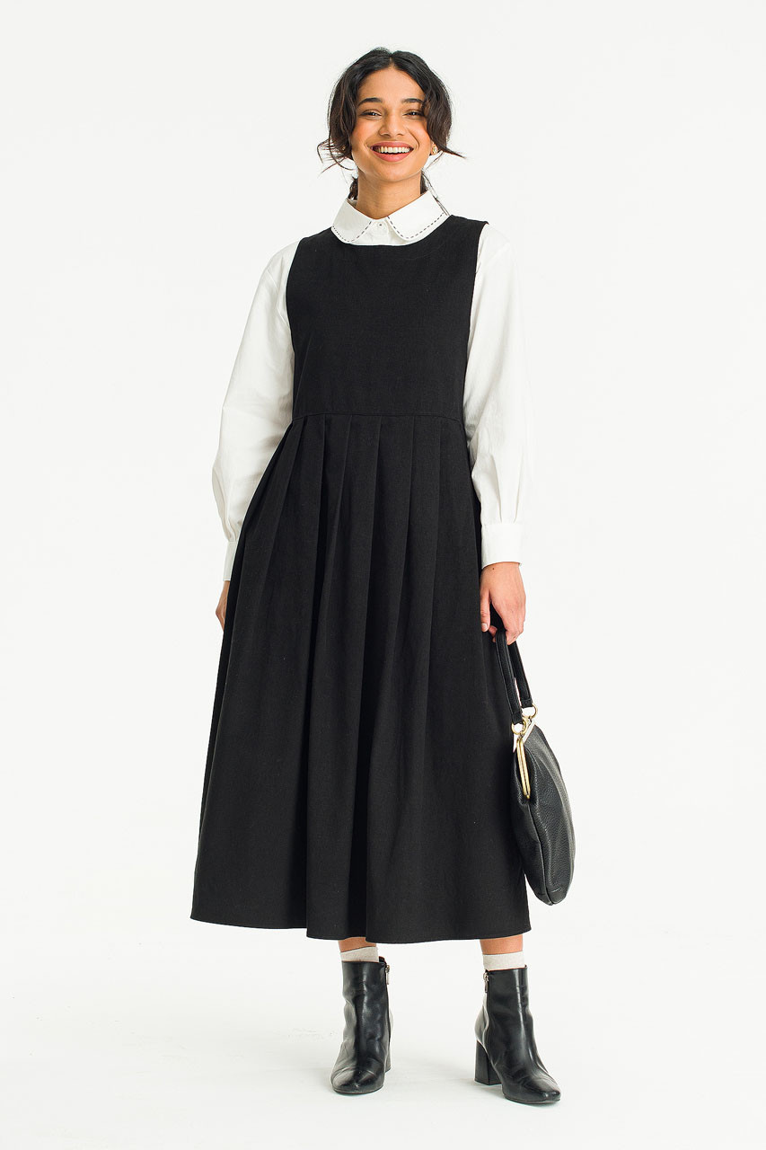 Laura Pleated Apron Dress, Black