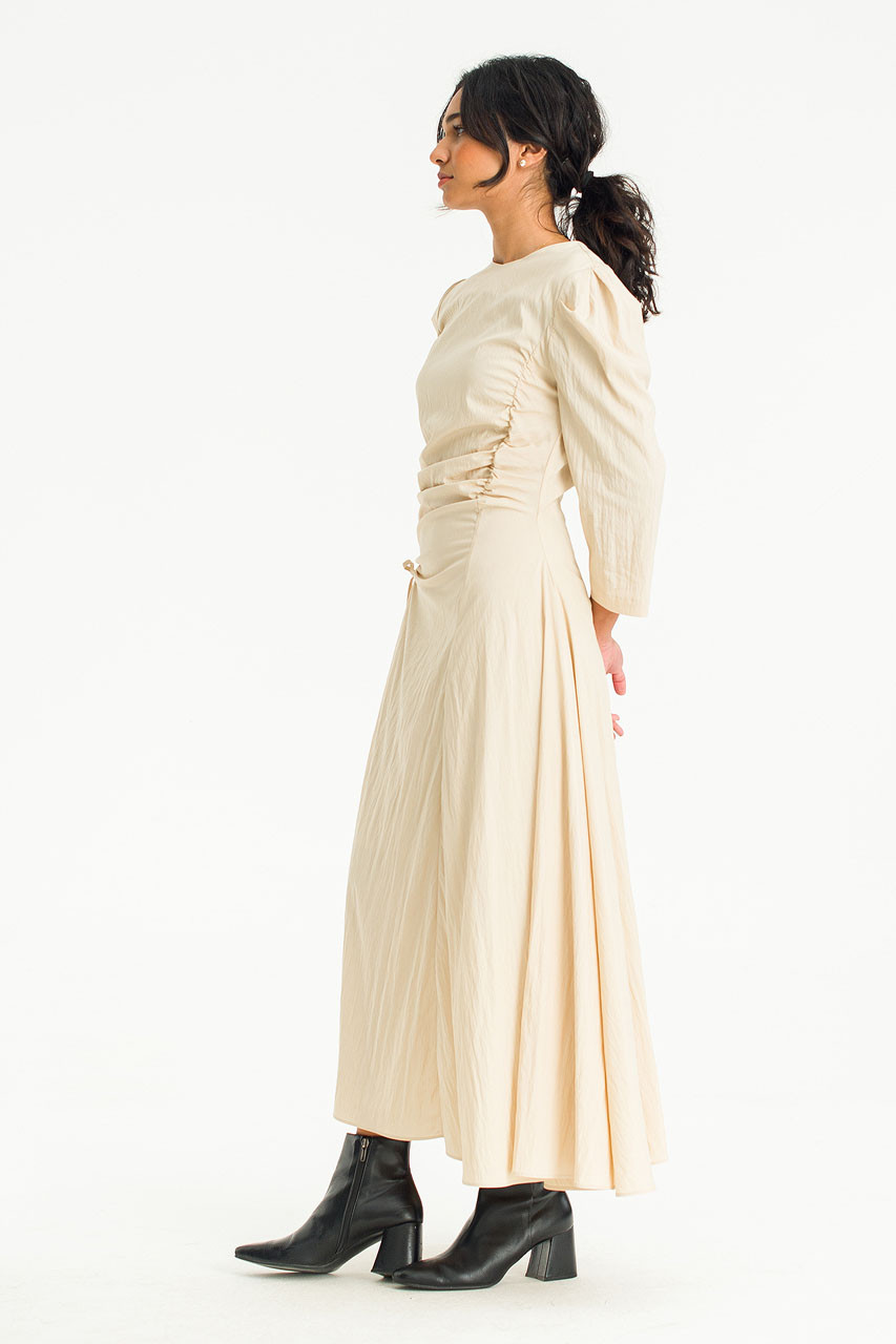 Puff Sleeve Gathered Dress, Beige