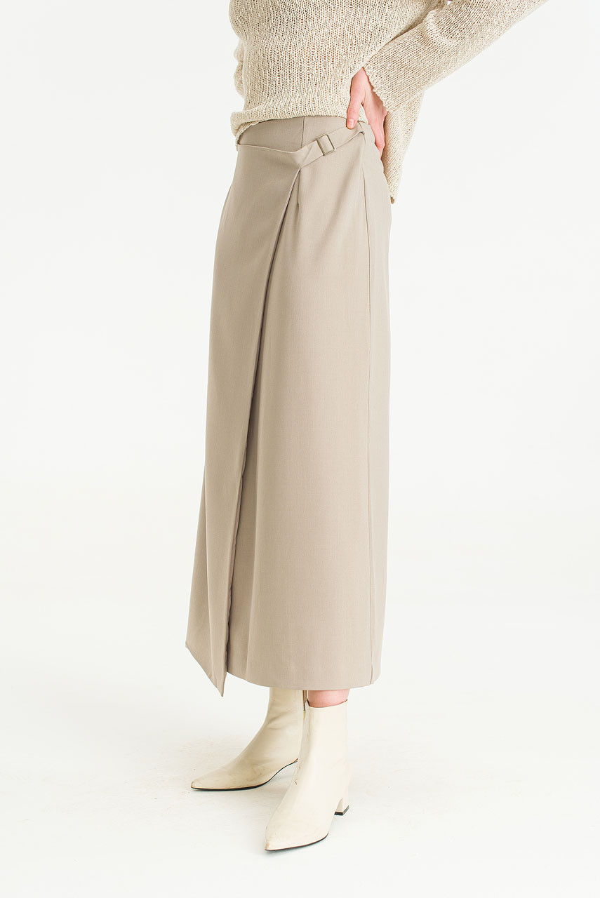 Buckle Point Unbalanced Long Skirt, Beige