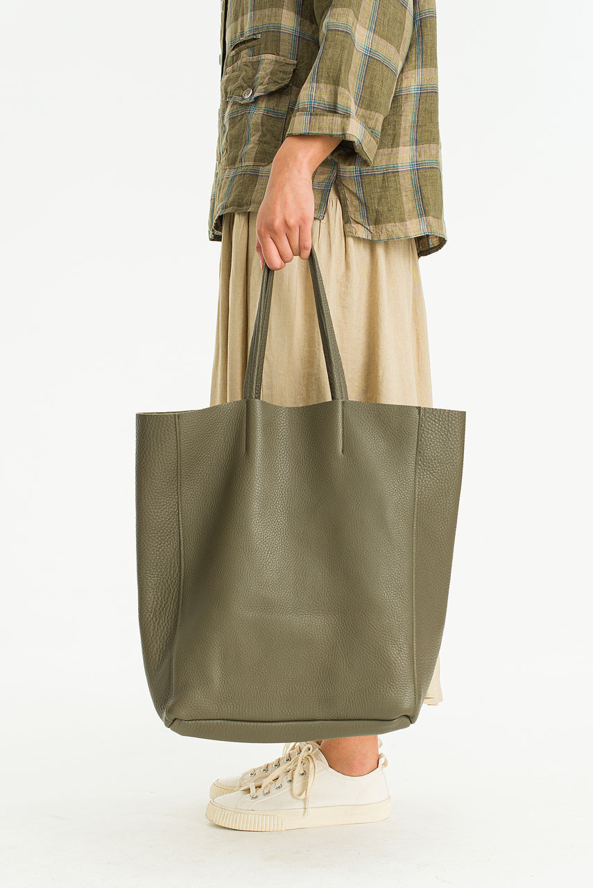 Claire Leather Shopper Bag, Khaki