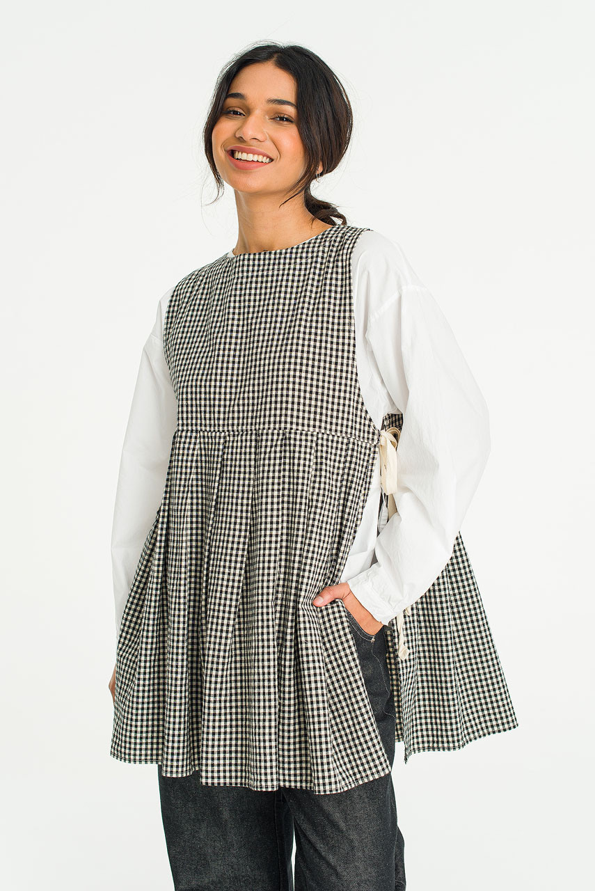 Faye Long Gingham Vest, Black