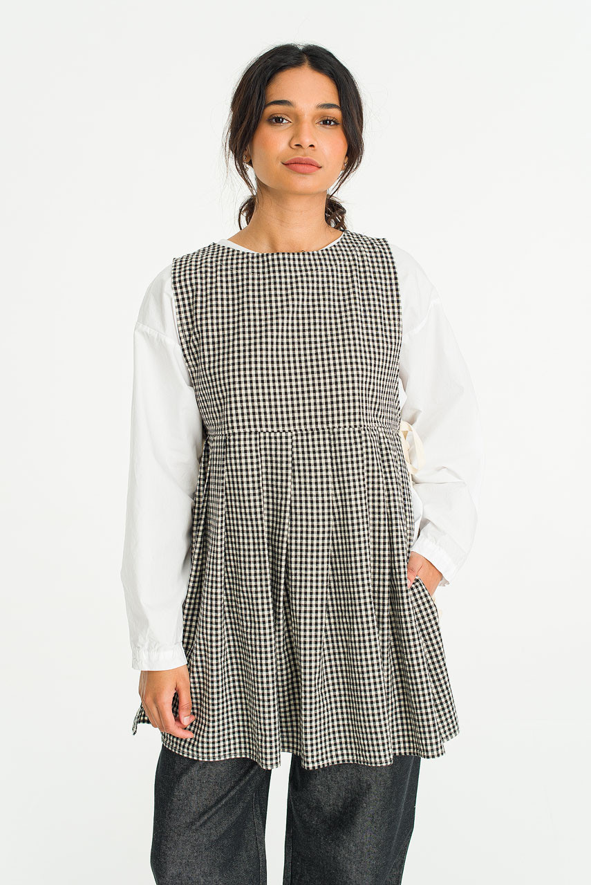 Faye Long Gingham Vest, Black
