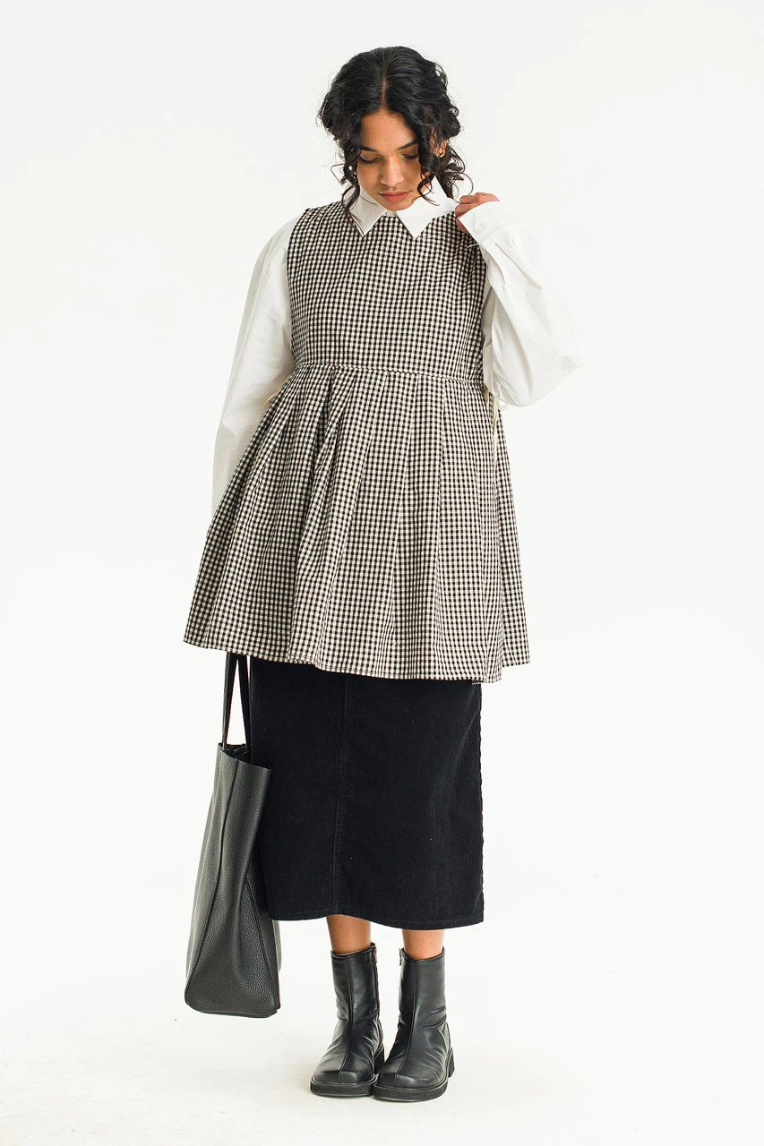 Faye Long Gingham Vest, Black