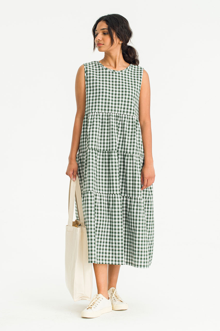 Tiered Gingham Check Dress, Green