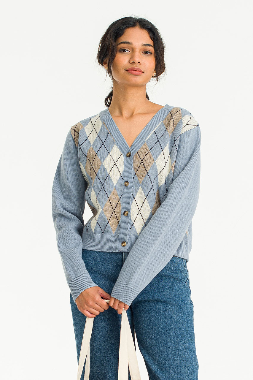 Momo Argyle Cardigan, Blue