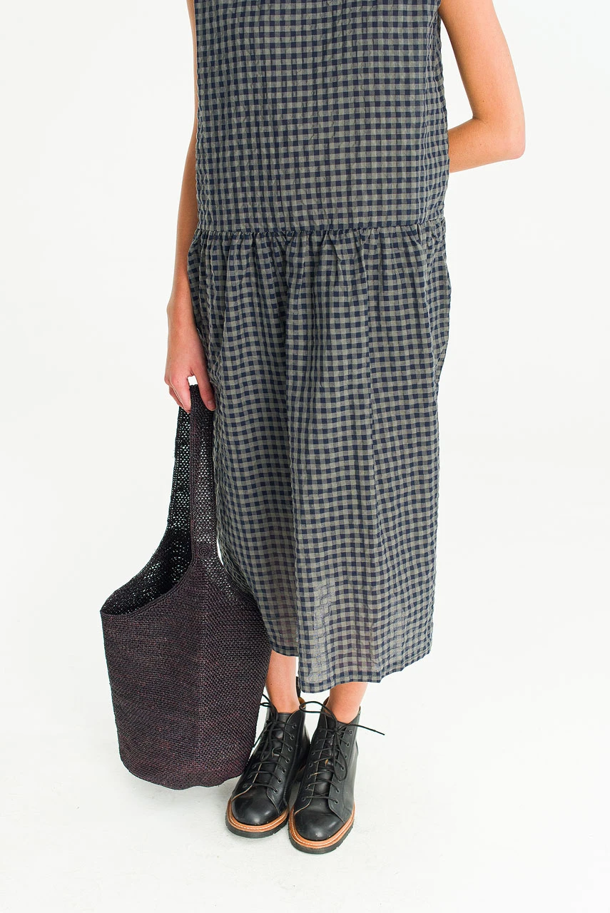 Mia Gingham Check Open Back Dress, Charcoal