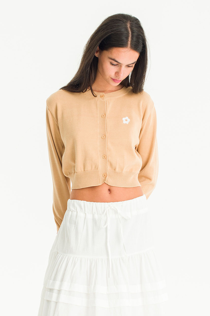 Flower Embroidered Cardigan, Beige